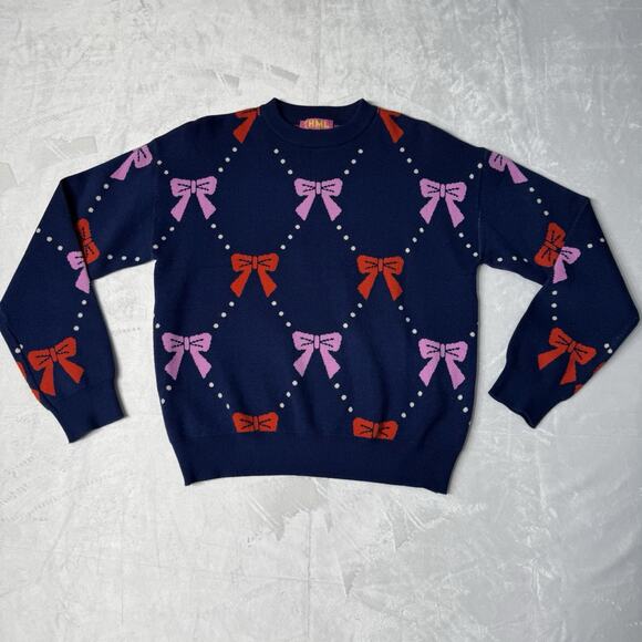 THML Women’s M ‘Ginny’ Knit Bow Pullover Sweater Navy Crew Neck Long Sleeve EUC - Picture 4 of 10